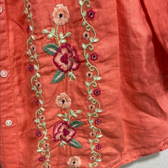 Charter Club Coral Linen Embroidered Floral Peasant Boho Blouse Size M - Picture 5 of 15